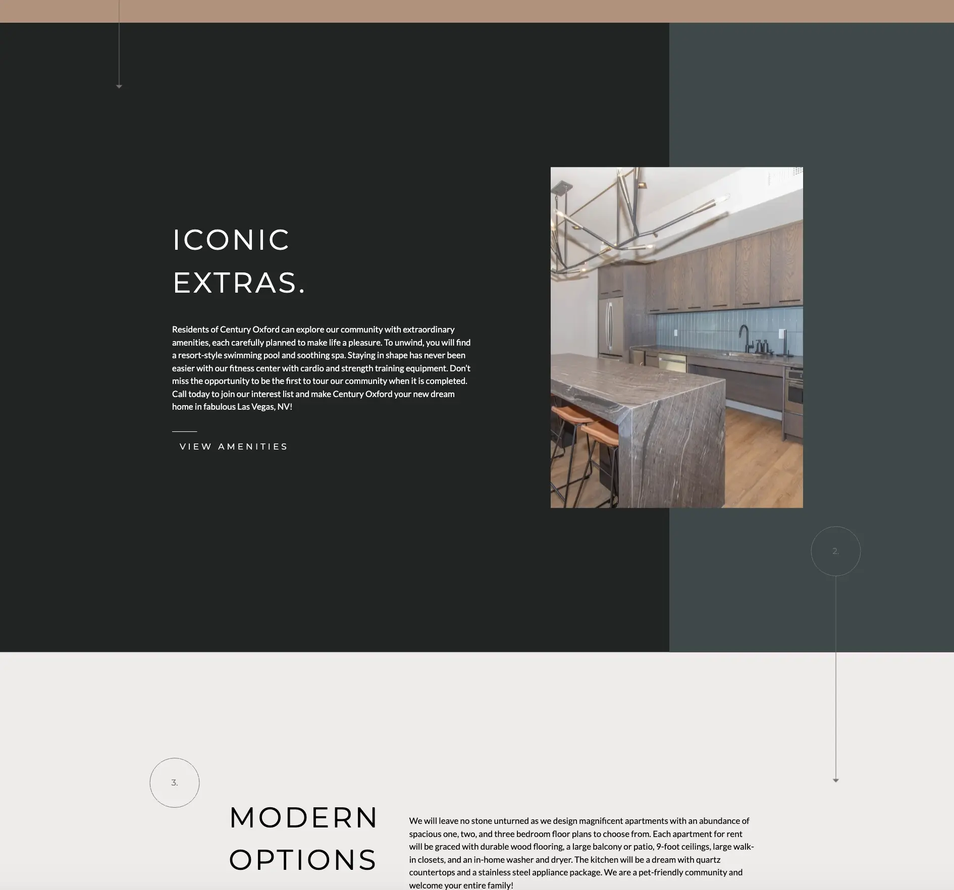 Amenities section with dark background
