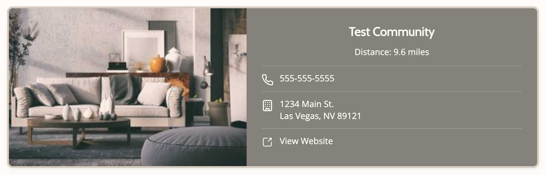 Redesigned community card with clear image, grouped contact info with icons, and a View Website CTA