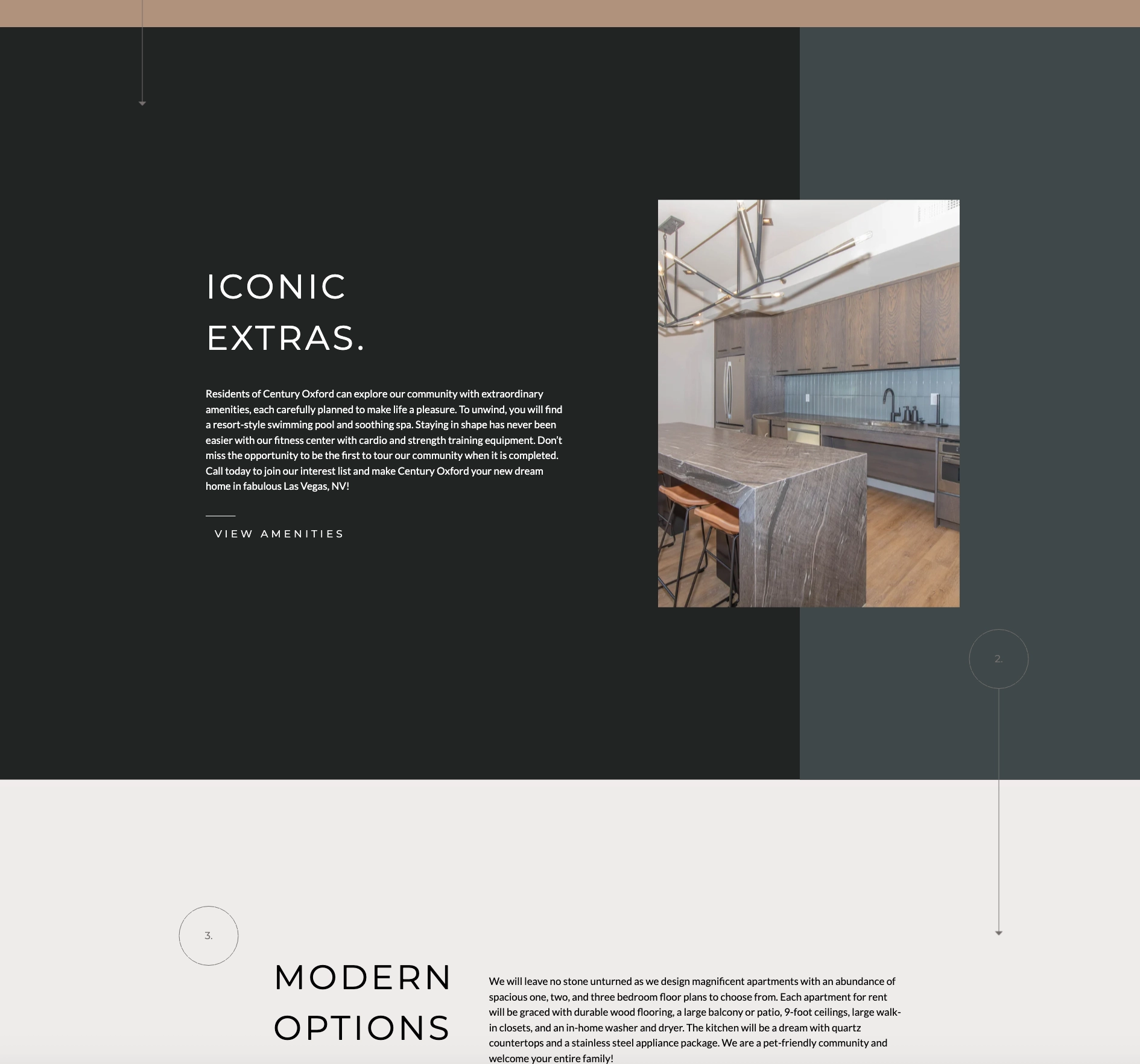Iconic Extras amenities section with dark background, large headline, descriptive copy, and property kitchen photo