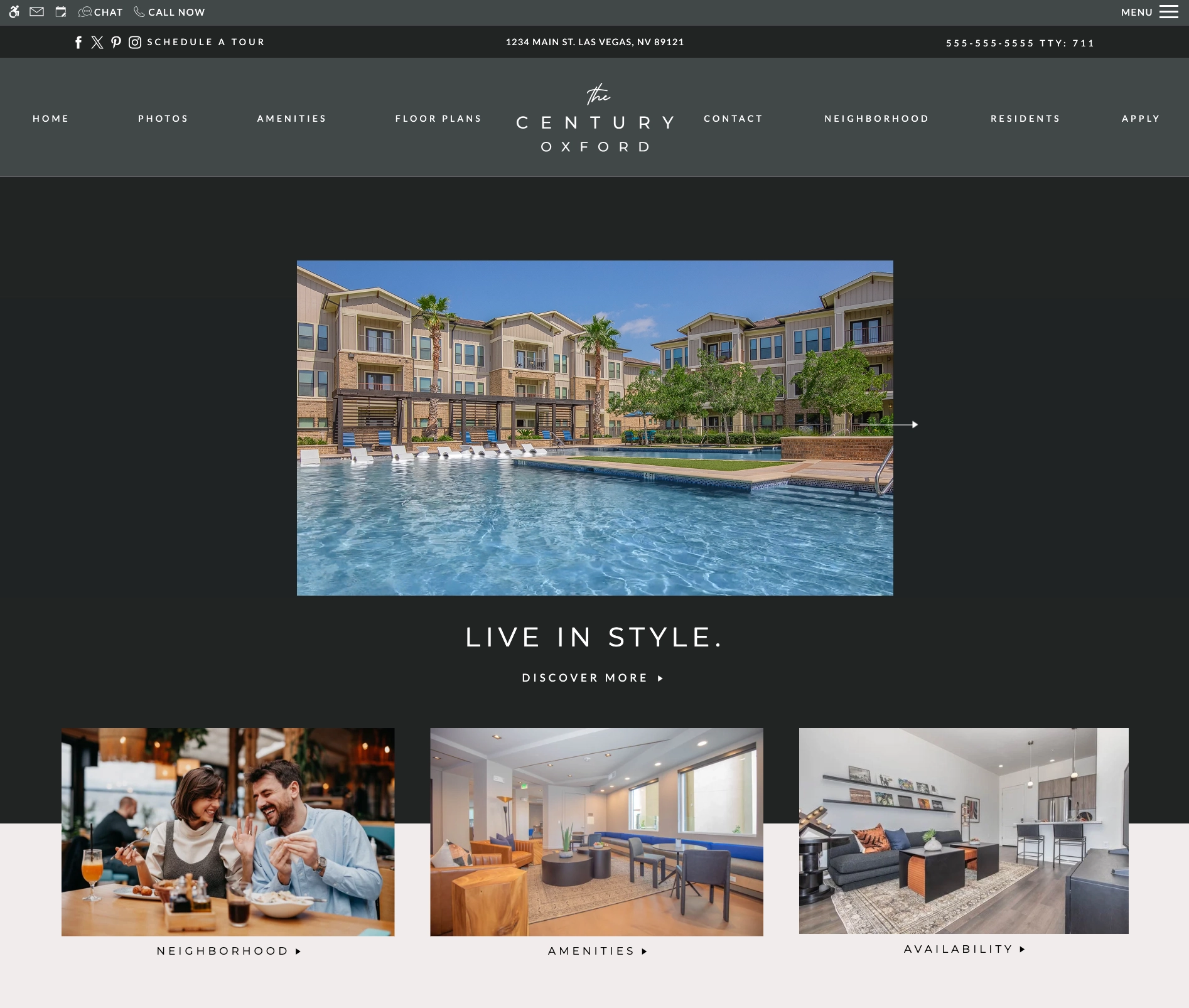 Desktop hero section showing The Century Oxford logo, navigation bar, hero image of the pool, and Live In Style headline with three category links below