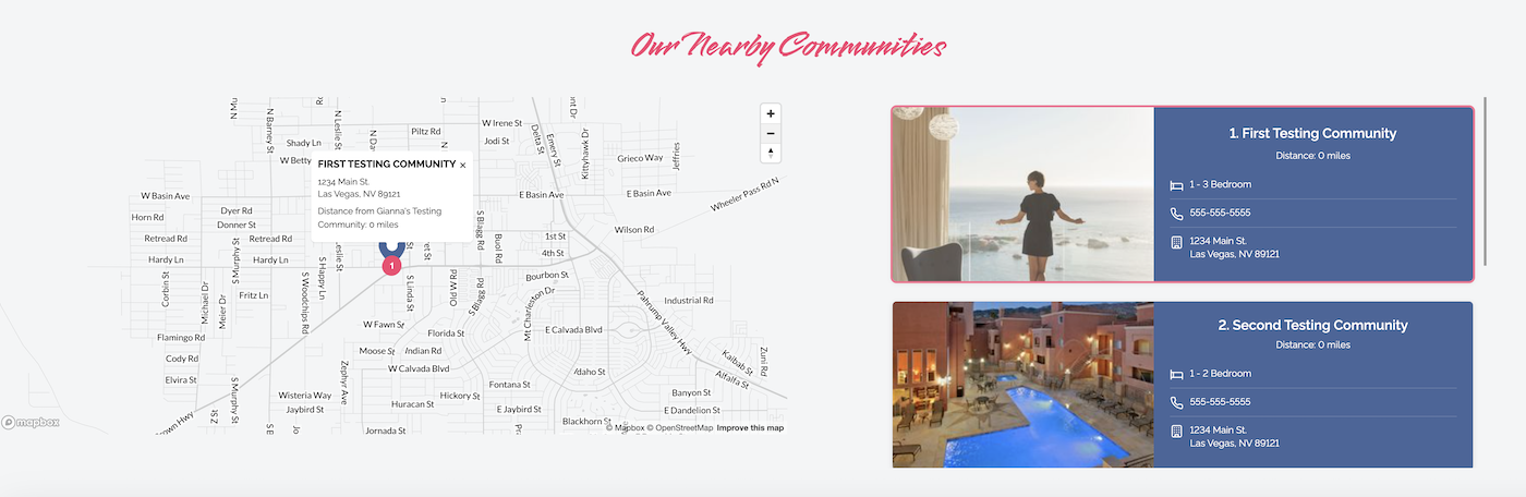 Redesigned Nearby Communities page showing map and community cards side by side
