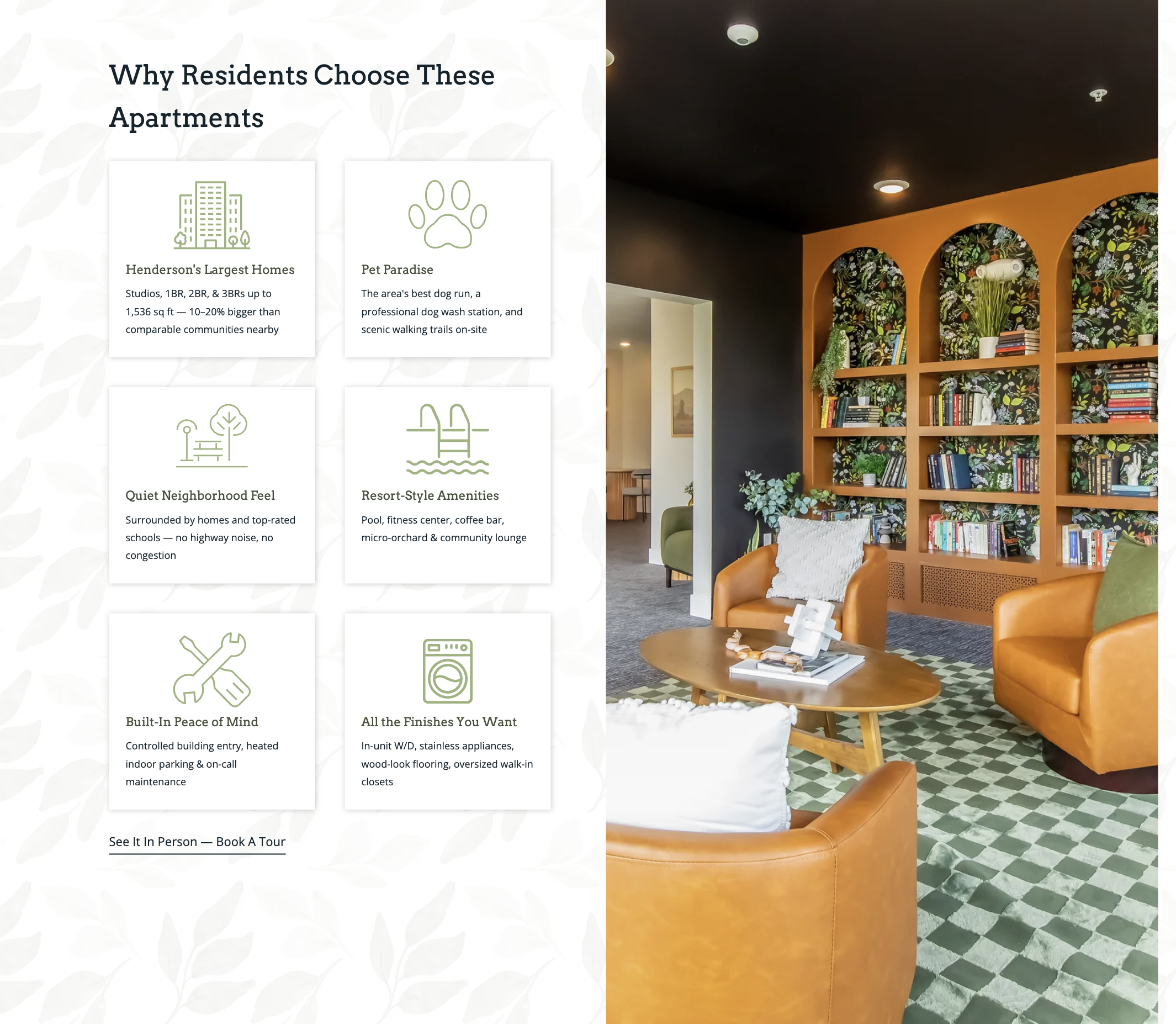Designed homepage section showing Why Residents Choose These Apartments with a 2x3 benefits grid alongside a property interior photo