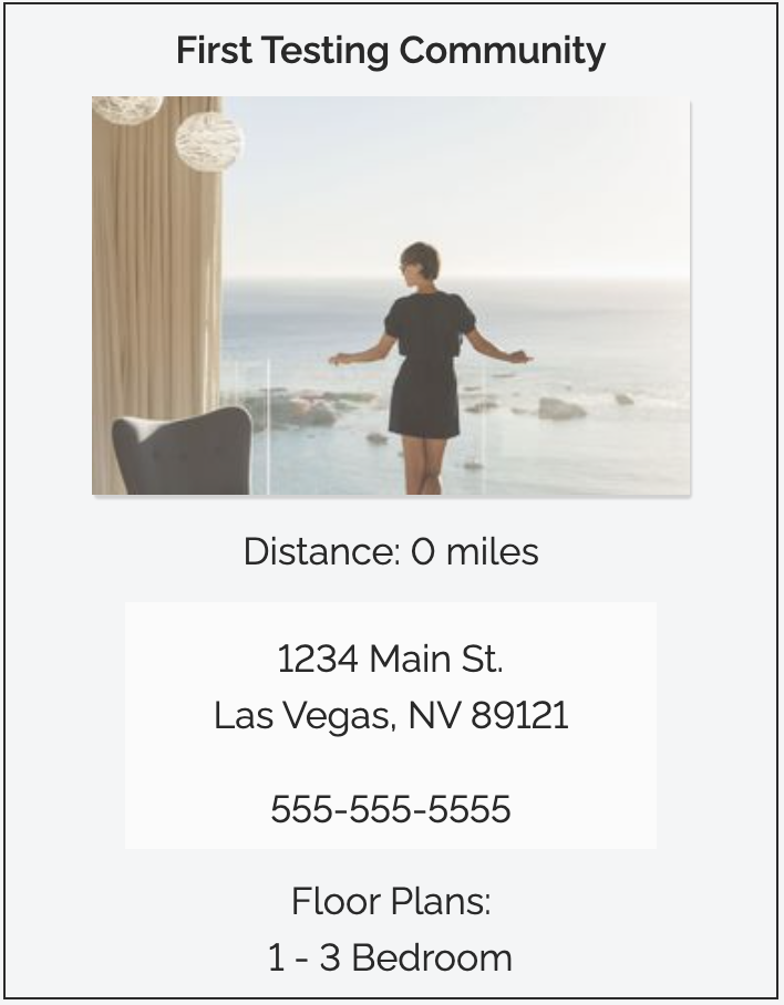 Original community card with no visual hierarchy — distance, address, phone, and floor plans stacked with equal weight
