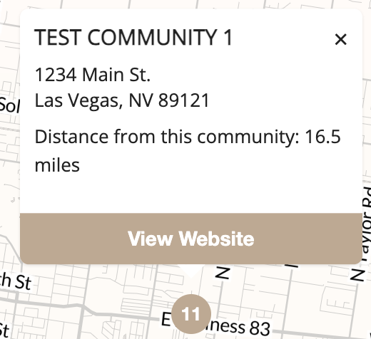 Redesigned map popup with address, distance, a close button, and a View Website CTA