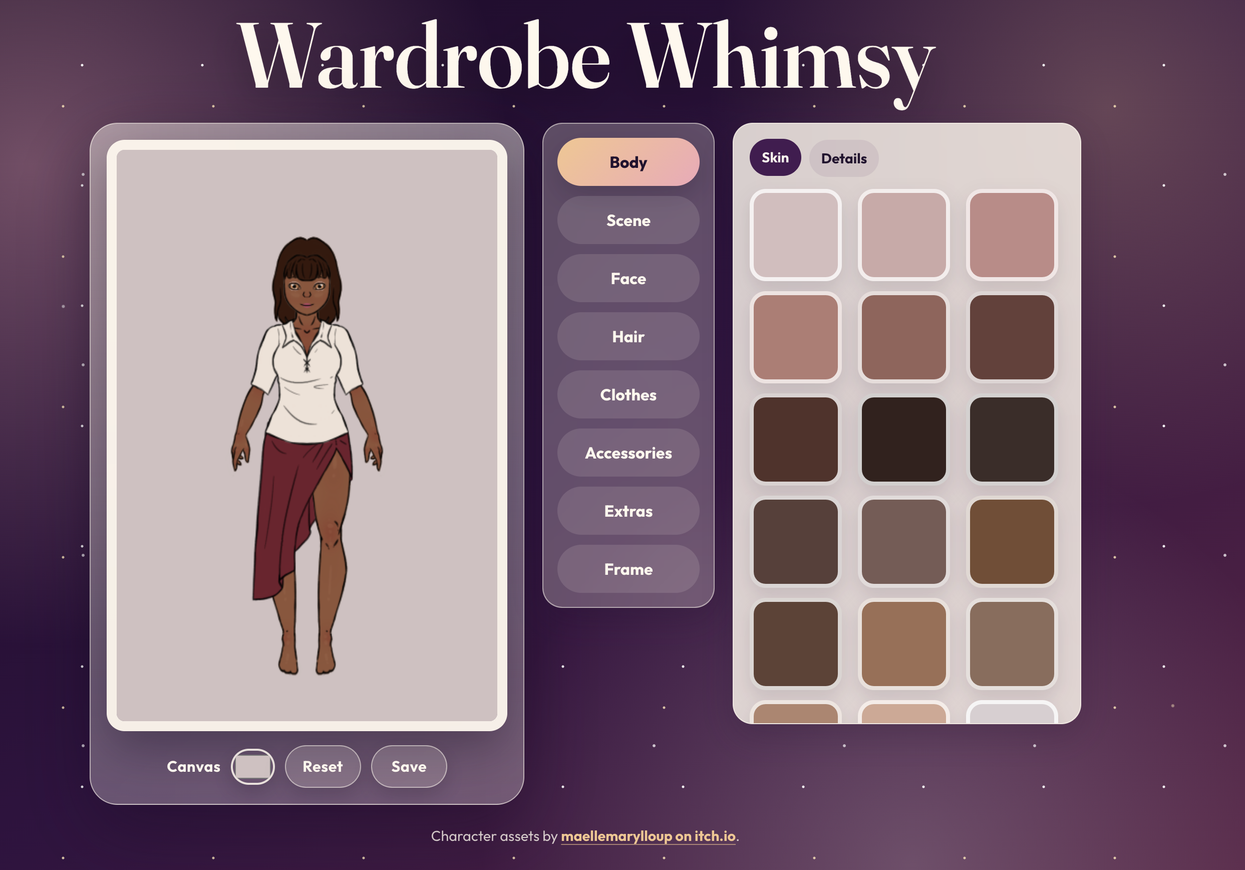 Wardrobe Whimsy dress-up game interface with character canvas, category tabs, and skin tone options